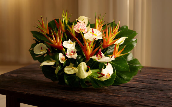 A stunning display of heliconia and white orchids, complemented by lush green leaves, resting atop a rustic wooden table.