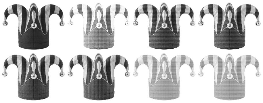 Collection of various jester hats in different patterns and textures of halftone and dither isolated on a white background
