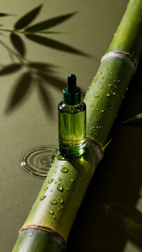 Bamboo and green glass dropper bottle with liquid on wet bamboo stick with water droplets and leaf shadows in background for natural skincare product advertising and promotion