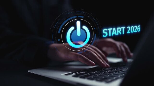 Start 2025 concept with futuristic power button symbolizing fresh beginnings, innovation, and digital transformation. Start 2025, new goals, and start 2025 initiative. Elide