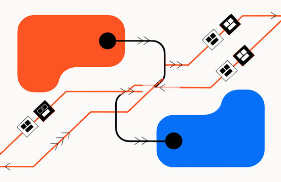 Circuit diagrams represent complex data routing paths connecting orange and blue zones to visualize information flow between digital systems in a minimalist vector graphic for modern business.