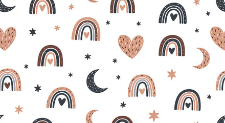 Modern boho style seamless pattern features earthy toned rainbows, textured hearts, crescent moons, and stars on a white background.