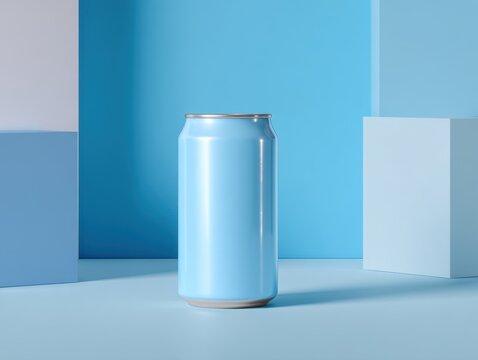 Plain light blue aluminum beverage can with reflections standing on a matching blue surface with geometric shapes in the background in soft lighting studio setting