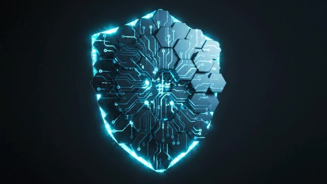 Digital Shield of Protection: A futuristic shield emblem, forged from intricate circuitry and glowing neon blue lights, represents advanced cybersecurity and digital defense.