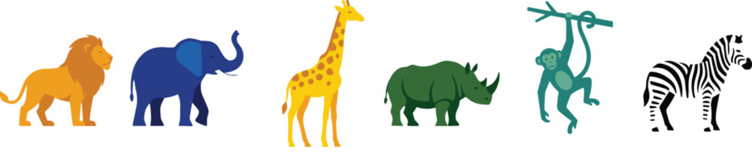Minimalist Flat Safari Animal Silhouette Set Featuring Colorful Lion Elephant Giraffe Rhinoceros Monkey and Zebra Vector Illustrations for Kids and Educational Designs © MdMostakin