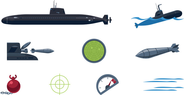 Military Submarine and Naval Warfare Vector Set with Deep Sea Submersibles, Torpedo Launches, Radar Screens, Target Crosshairs, and Underwater Naval Mines