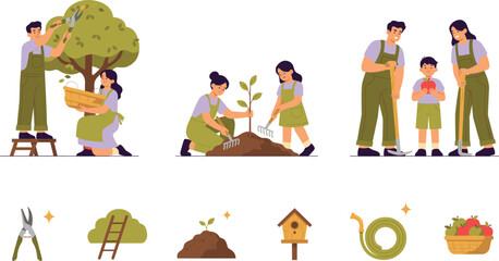 Fototapeta premium Family Orchard Gardening and Harvesting Vector Set with People Picking Apples, Raking Soil, Planting Saplings, and Backyard Fruit Farming Icons