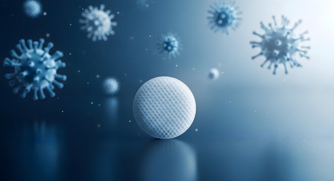 Golf ball surrounded by virus particles conceptual 3d render for health and sports themes