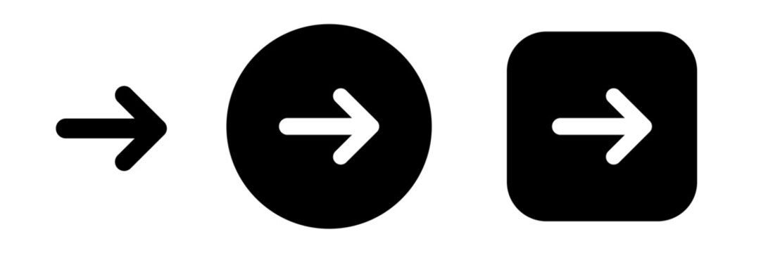 Right arrow icon set in button style with navigation symbol. Next direction and forward navigation icons for app and web interface, UI controls and menu actions
