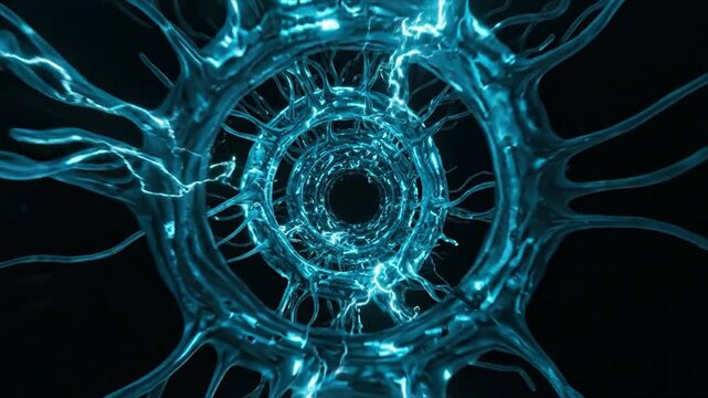 Abstract Neural Network Visualization: An intricate, glowing blue visualization resembling a neural network or a quantum vortex, pulsing with digital energy, against a stark black background.