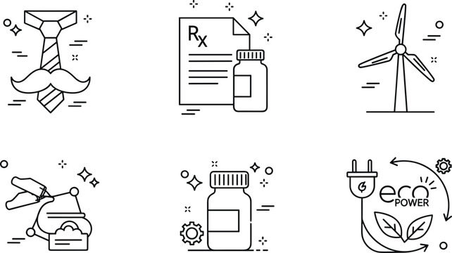 Eco power wind turbine prescription medicine bottle necktie mustache outline vector icon set bundle for health green energy