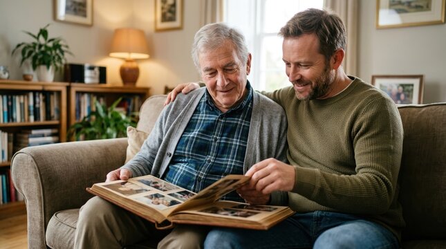 Senior father and adult son looking at a photo album together. Family bonding and nostalgia concept in a cozy living room