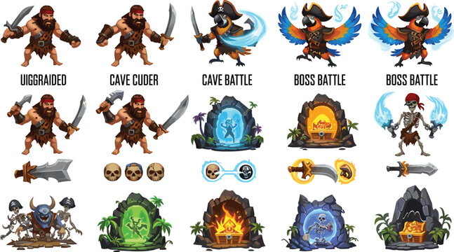 Fantasy mobile game assets set with caveman warrior upgrades pirate boss parrot portals magic weapons and skeleton characters