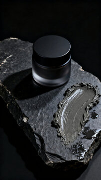 Black clay face mask in a jar on a stone with smear, natural skincare product for detoxification and relaxation, wellness and beauty treatment, gray cream texture