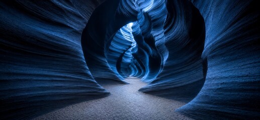 Fototapeta premium Ethereal blue slot canyon with winding sculpted sandstone walls and a narrow sandy corridor illuminated by soft light shafts revealing layered textures and geological formations