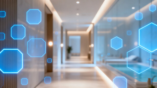 Modern spa interior with neon blue hexagons floating in hallway near indoor pool