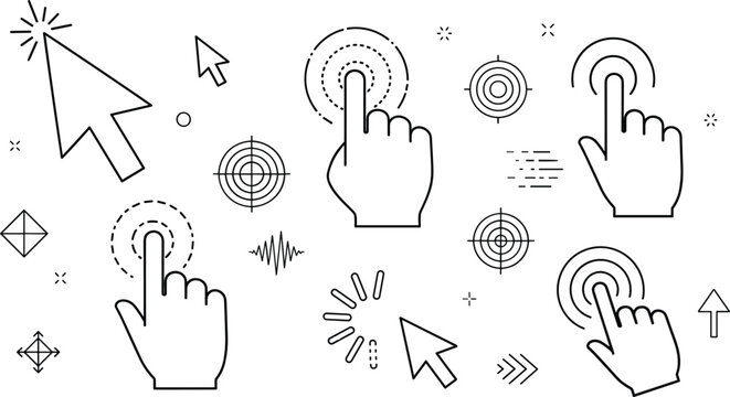 Mouse cursor arrow finger click touch gesture screen target loading pointer interface outline vector icon set banner