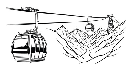 Cable Car And Mountain Landscape Black And White Silhouette © Monjurul