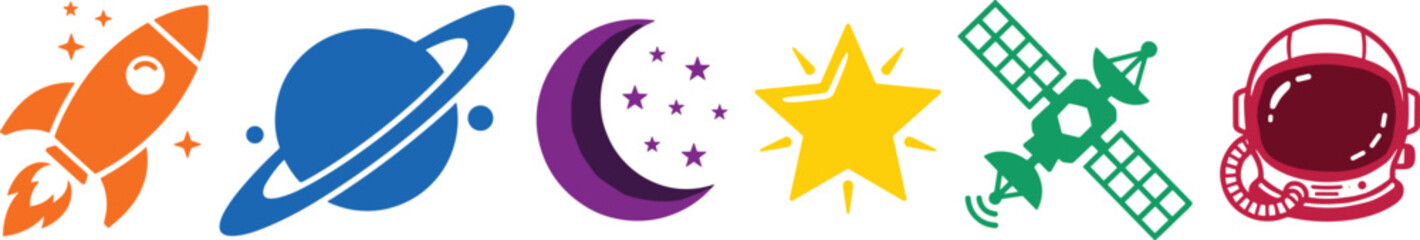 Minimalist Flat Space and Astronomy Silhouette Icon Set Featuring Orange Rocket Blue Saturn Planet Purple Crescent Moon Yellow Star Green Satellite and Maroon Astronaut Helmet © MdMostakin