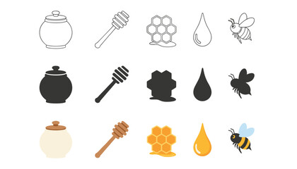 Apiculture and sweet nectar set displaying a honey pot, wooden dipper, honeycomb, honey drop, and a honeybee in three distinct graphic styles. © Jfn