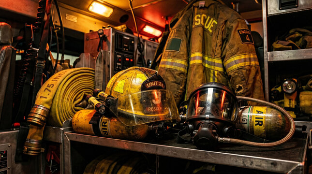 Firefighter equipment including helmet, oxygen mask, and turnout gear inside a fire truck
