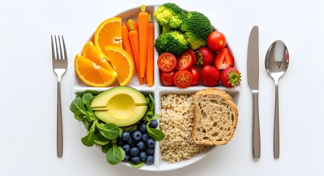Balanced diet plate with fresh fruits vegetables whole grains and healthy fats