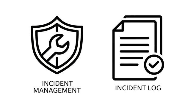 Incident management and log system icon set with incident management document security technical solution workflow business protection administratio