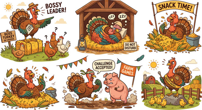 Funny cartoon turkey sticker set with bossy leader farm games and snack time characters for Thanksgiving vector illustration