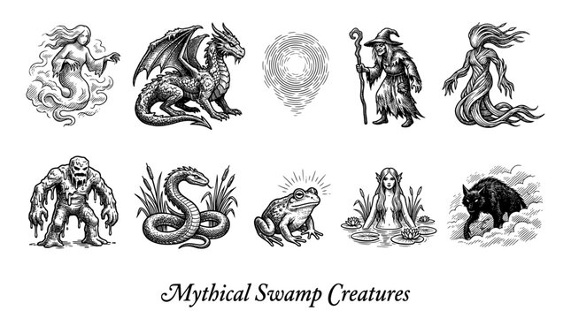 Mythical Swamp Creatures Collection with Dragon, Witch, Golem, and Nymph in Vintage Engraved Style Illustration