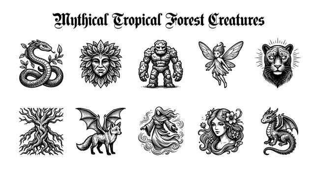 Set of Mythical Tropical Forest Creatures Vector Illustration, Black and White Fantasy Jungle Spirits and Legendary Monsters Icons Collection
