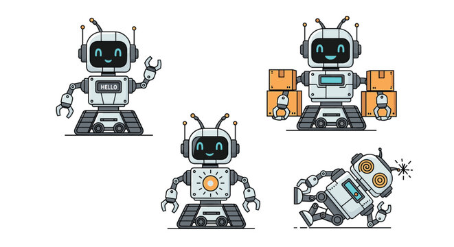 Four different poses of a cute delivery robot on tracks carrying packages and experiencing a technical malfunction.