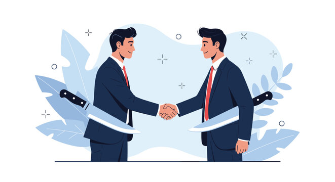 Two professional businessmen in suits shaking hands while hiding large knives behind their backs representing hidden betrayal.