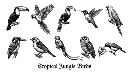 Obraz premium Vintage Engraving Style Tropical Jungle Birds Collection Vector Illustration featuring Toucan Macaw Owl and Parrot