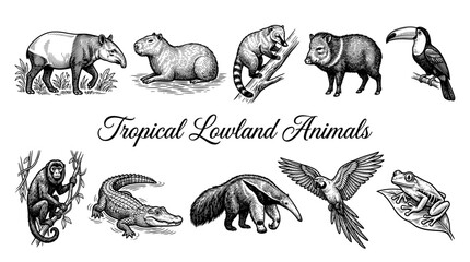 Obraz premium Vintage Hand Drawn Engraving Set of Tropical Lowland Animals Including Tapir Capybara Macaw and Crocodile