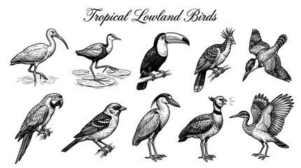 Obraz premium Tropical Lowland Birds Set: Toucan, Macaw, Ibis, Heron, and Other Exotic Species in Hand Drawn Woodcut Style Vector Illustration