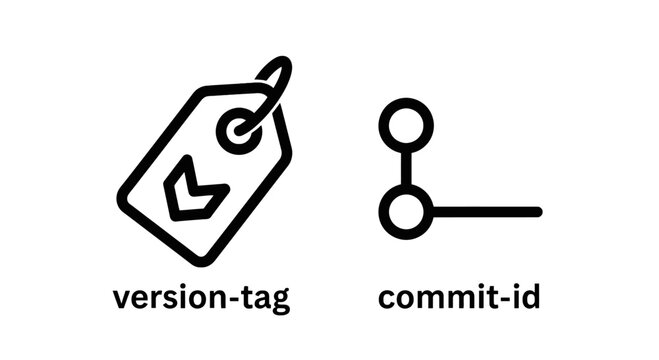 Version tag and commit id software development line art icons for version control and git repository management systems with software development interface