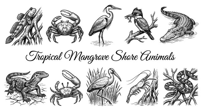 Tropical Mangrove Shore Animals Collection, Vintage Engraving Style Illustration of Crocodile, Heron, Crab, Snake, Monitor Lizard, and Mudskipper in Black and White