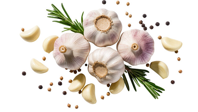 Whole garlic bulbs and cloves with rosemary sprigs and peppercorns, isolated on transparent background