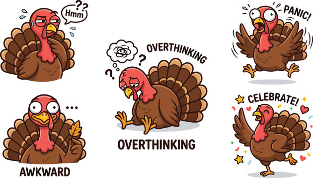 Funny turkey cartoon character stickers set showing various emotions like overthinking panic celebrate thinking and awkward vector illustration