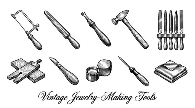 Vintage Jewelry-Making Tools Collection: Hand-Drawn Vector Illustration of Goldsmith and Silversmith Equipment in Engraving Style