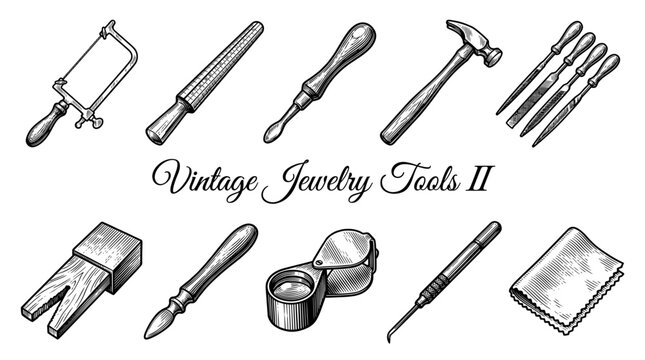 Vintage Jewelry Making Tools Vector Illustration Set, Hand Drawn Jeweler's Equipment Collection in Engraving Style
