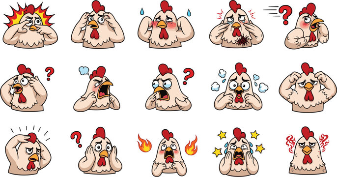 Funny chicken emoji stickers set with angry confused shocked tired and stressed cartoon rooster character head emotions vector illustration