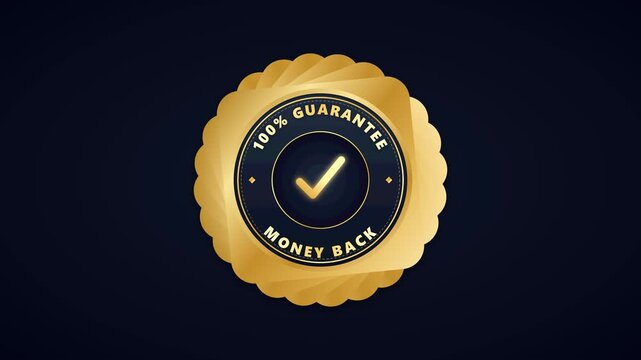 Gold 100% money back guarantee badge animation with glowing checkmark seal gold badge