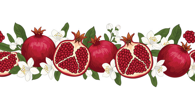 Decorative horizontal floral border made of ripe pomegranates, fruit halves, seeds, and delicate white jasmine flower blossoms.