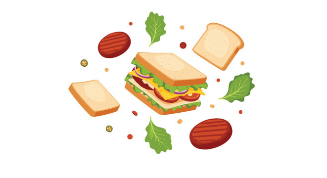 Dynamic exploding sandwich illustration showing separated layers of bread, lettuce, tomatoes, cheese, meat, and pickles in the air.