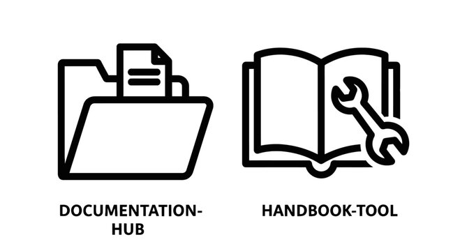Technical documentation and handbook repair tool icons with documentation handbook maintenance technical reference management knowledge instruction