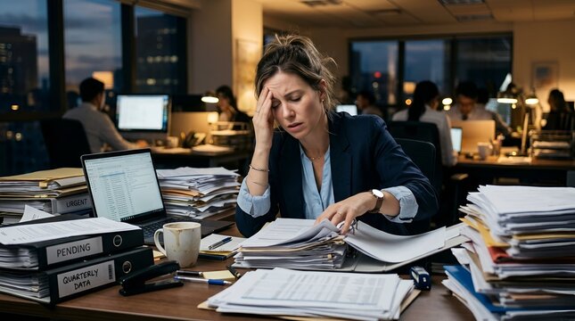 Overwhelmed businesswoman stressed at desk in office late at night