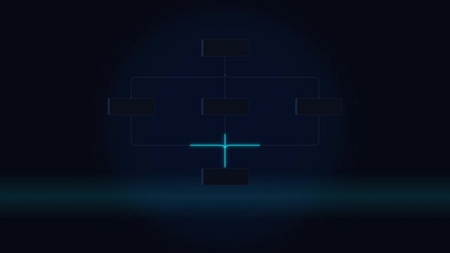 Digital organizational chart animation with glowing blue connection nodes and data flow