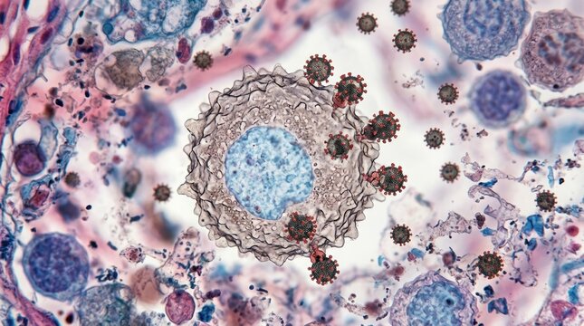 Microbial pathogen invasion: HIV infection, AIDS progression, Human cell, Immunodeficiency disease, Acquired Syndrome, Virus attack, biological host, microscopic scan.