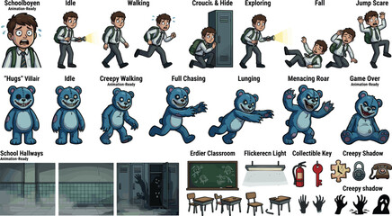 Horror game asset sprite sheet vector with schoolboy character movement blue monster villain and spooky school hallway backgrounds © Kulsum
